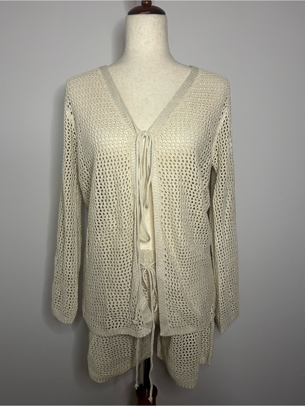 SEAMOLLY Cream Swim Crochet Coverup Cardigan with Tie Front and Shorts with Tie